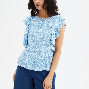 ModCloth Compania Fantastica Blue Floral Ruffle Top Sz S